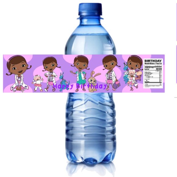 Birthday Party Water Bottle Labels, Purple Cartoon Design, 8.5 x 2 inches - Picture 1 of 5